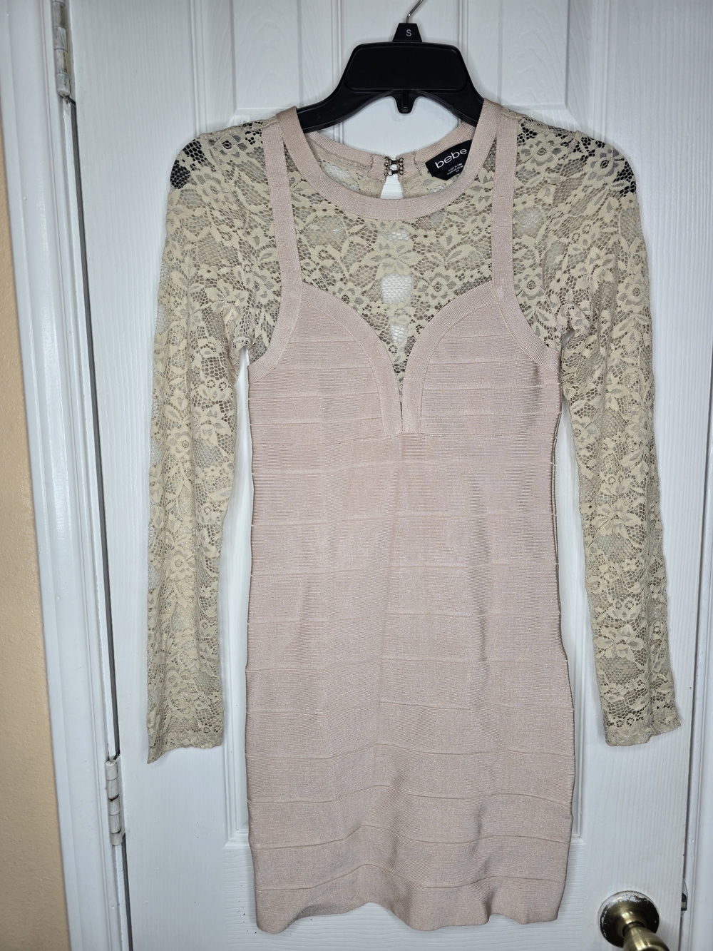 bebe Pink Lace-Arm Long Sleeve Bandage Dress
